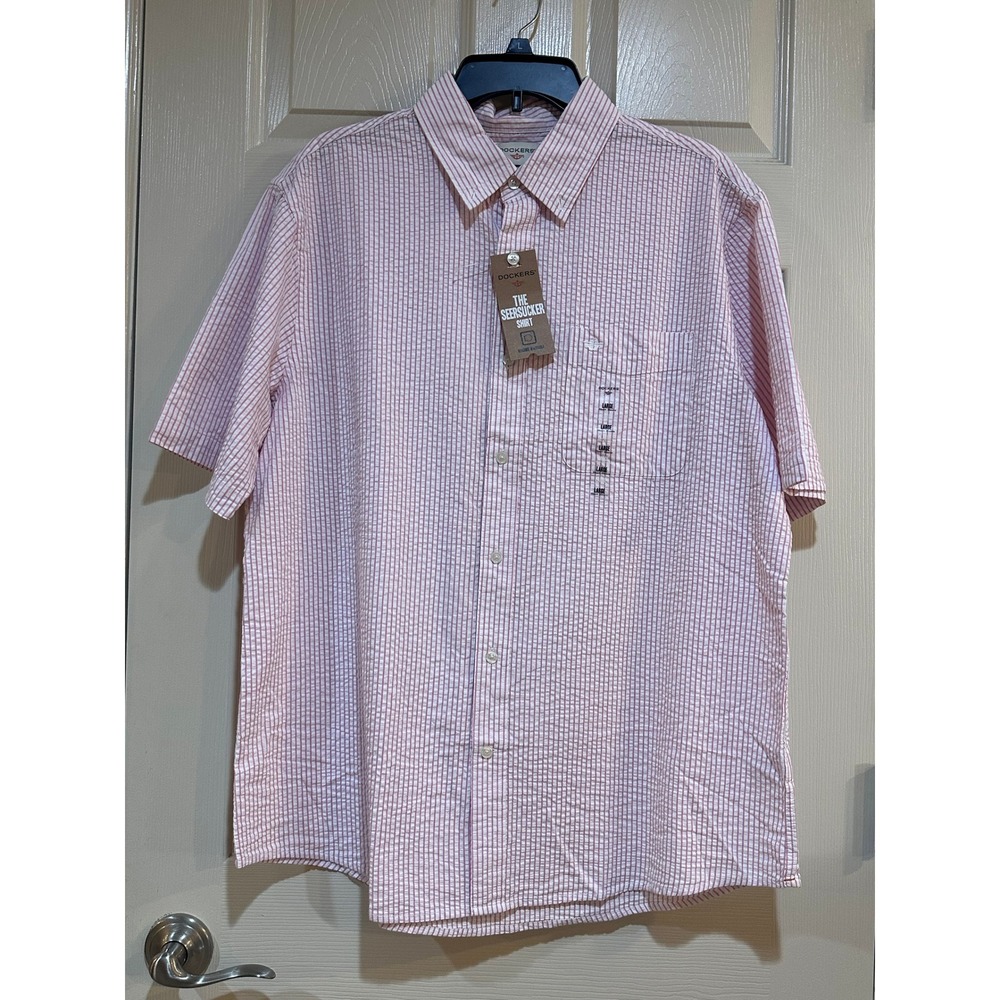 Dockers Mens Seersucker Shirt Pink‎ White Striped Short Sleeve Button Down Large